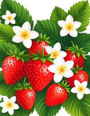 Illustration of ripe strawberries with green leaves and flowers