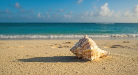 Seashell rests on sun-kissed sand with blurry ocean & sky background