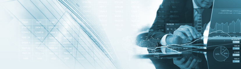 Business analysis, trading concept, Businessman, finance analyst using digital tablet, analyzing financial graph, stock market report, economic graph growth chart, business and technology background