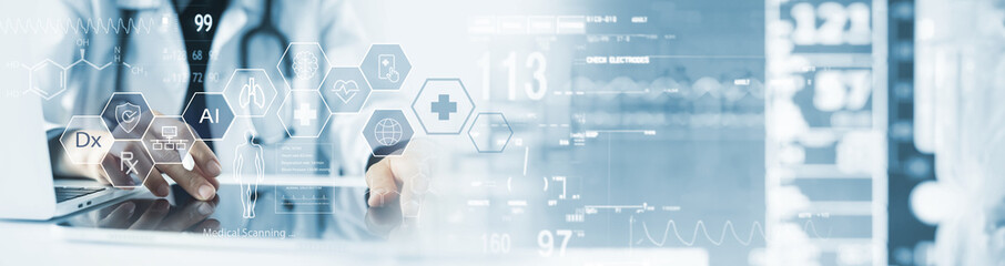 Medical AI technology, doctor using AI telemedicine, data analysis for diagnosis, health care service and treatment patient, Medical research and development innovation technology for healthcare