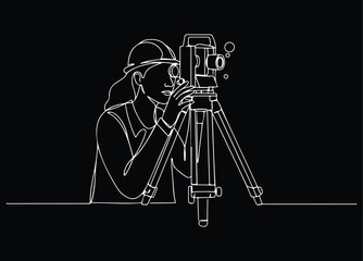 Continuous line drawing of a female surveyor or engineer in a hard hat operating a total station or theodolite for land surveying and construction planning
