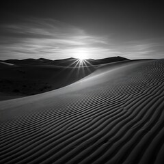 Monochrome Dunes - A Serene Desert Landscape at Sunset.