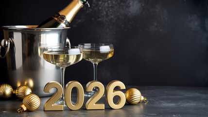 Moody new year's eve celebration with champagne sparkling wine and festive golden ornaments welcoming 2026 vector