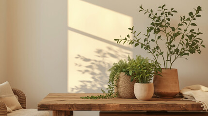 Fototapeta premium Modern Living Space with Botanical Styling: Golden Hour Sunlight Creating Dramatic Plant Shadows on Cream Walls Behind Rustic Wooden Table with Fresh Green Potted Plants