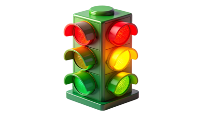 Vibrant 3D Traffic Light Icon: Red, Yellow, Green Signals Simultaneously Active on Black. Modern Render for Control, Progress & Decision Concepts.