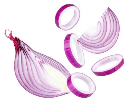 A halved red bulb onion, sliced and with several rings floating