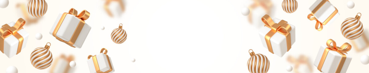 Christmas banner with gift box and christmas bauble. 3d render realistic gift box with golden bow ribbon and christmas tree. Vector illustration.