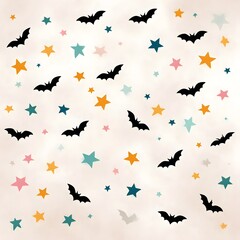 Fototapeta premium Whimsical Halloween pattern of black bat silhouettes and colorful stars on a soft textured background
