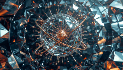 Abstract Crystal Sphere with Orbiting Rings and Spikes, Futuristic Technology Concept