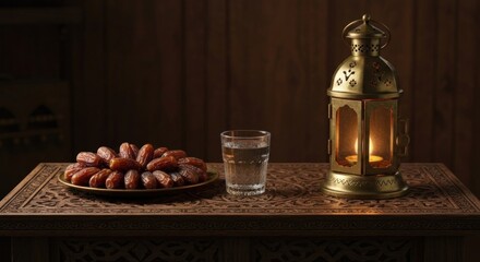 Naklejka premium Still life of dates, water, and lantern on a carved wooden table in warm, ambient lighting