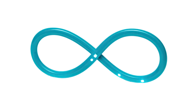Cyan infinity symbol on a black background. Glossy, three-dimensional effect
