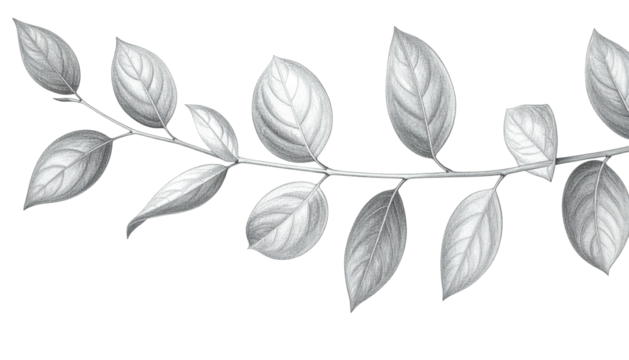 A grayscale drawing of a botanical sprig featuring multiple oval-shaped leaves