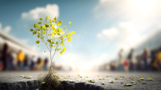 A flourishing sapling growing through cracked concrete on Earth Day - Powered by Adobe