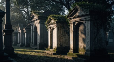 Naklejka premium Stone crypts in an old cemetery with overgrown vegetation, bathed in morning mist