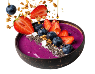 A vibrant smoothie bowl topped with berries, granola, and coconut flakes, dynamic view