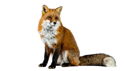 A seated fox, with reddish fur and a bushy tail, sits against a black background