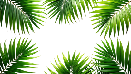 Vivid green palm fronds framing a blank black space. Tropical, natural design