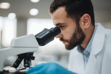 Focused scientist in lab coat examining sample through microscope in laboratory, conducting research and analysis with precision and expertise in a modern setting