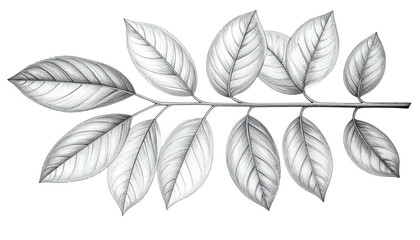 Obraz premium Branch with detailed pencil-sketch leaves, grayscale with black background