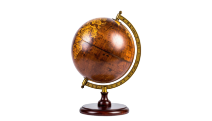 A vintage, wooden globe, resting on a dark wooden stand, with brass meridian