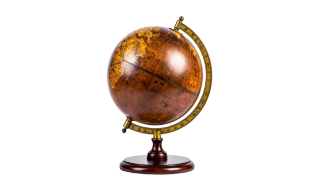 A vintage, wooden globe, resting on a dark wooden stand, with brass meridian
