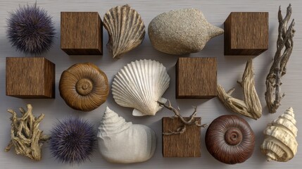 Variety of seashells and natural elements forming an ai-driven product grid concept for e-commerce