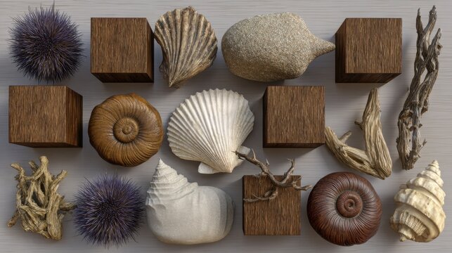 Variety of seashells and natural elements forming an ai-driven product grid concept for e-commerce