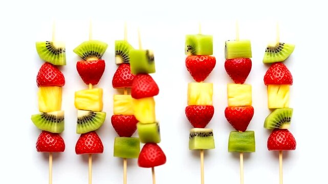 Colorful fruit skewers featuring strawberries, kiwi, pineapple, and green melon arranged neatly