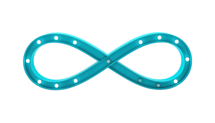 Aqua-colored infinity symbol with rivets, floating on black background
