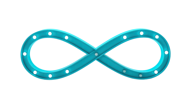 Aqua-colored infinity symbol with rivets, floating on black background