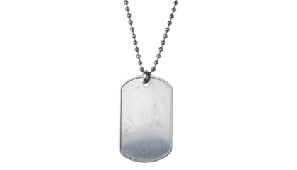 Shiny, empty identification tag hanging from a thin, metallic ball chain on black
