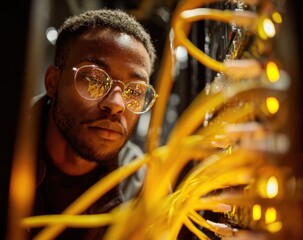 An african american network engineer is working on yellow wires in the server room.