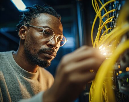 An african american network engineer is working on yellow wires in the server room. - Powered by Adobe