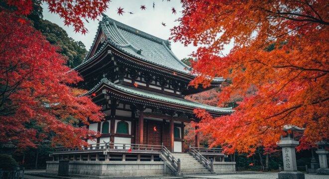 Traditional Asian temple framed by vibrant red maple foliage in autumn