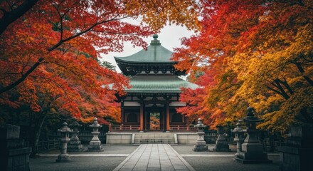 Traditional structure framed by vibrant autumn foliage; a serene scene of cultural heritage
