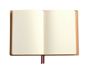 An open, empty notebook with tan cover and red ribbon bookmark against a black background