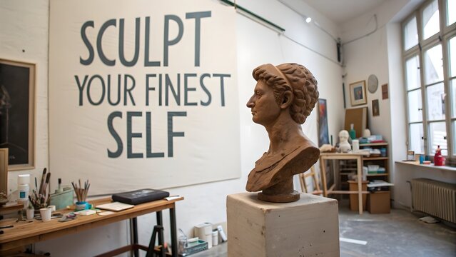 A classical female bust sculpture on display in an art studio - Powered by Adobe