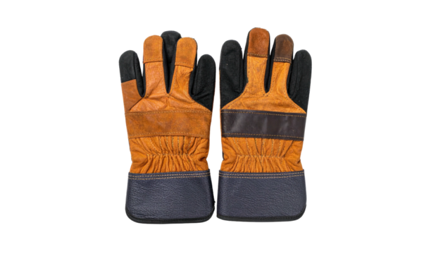 Pair of heavy-duty work gloves, brown and black leather, isolated on black