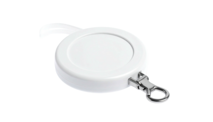 White, round retractable device, with a clasp and a curved hook for hanging