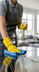 Person in Yellow Gloves Cleaning a Glass Surface with Spray Bottle hygiene sanitation