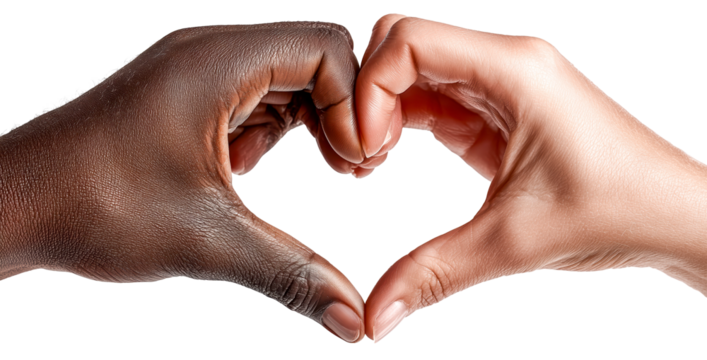 Heart hands interracial unity love diversity inclusion support together compassion connection black and white hand form heart symbol on white background conveying harmony care and warm human bond