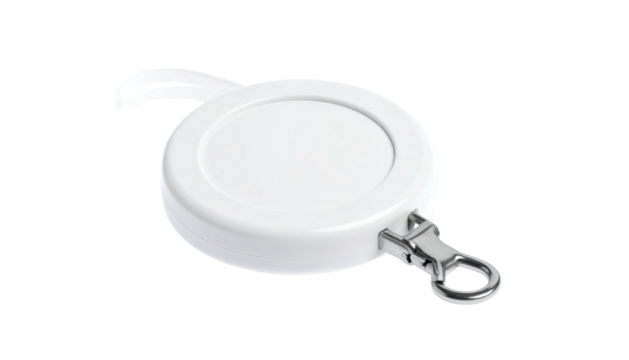 White, round retractable device, with a clasp and a curved hook for hanging