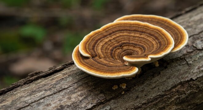 Two bracket fungi with concentric brown and tan rings grow on a weathered log