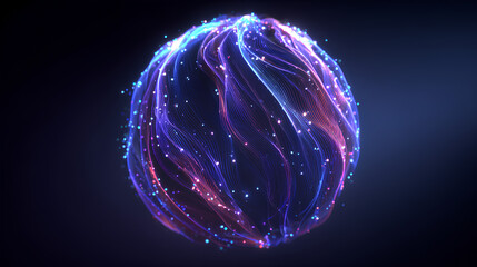 Blue and purple neon 3d sphere of gradient waves and glowing particles. Abstract technology concept, Artificial Intelligence, engineering, big data, and innovations. Vibrant futuristic sphere.