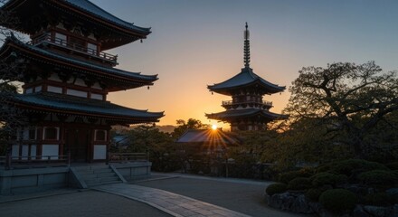 Obraz premium Two traditional tiered buildings silhouetted against a vibrant sunrise in a tranquil landscape