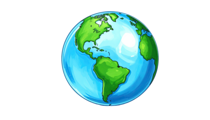 Cartoon Earth globe showing continents in green, water in blue, black background