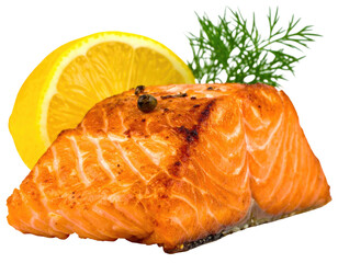 Cooked salmon fillet, lemon slice, and sprig of dill on a transparent background