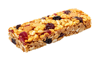 A rectangular, textured snack bar with visible oats, nuts, and dried fruits on black