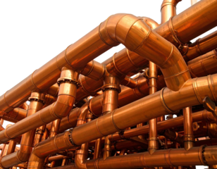 Gleaming copper pipes intricately interconnected, creating an industrial maze