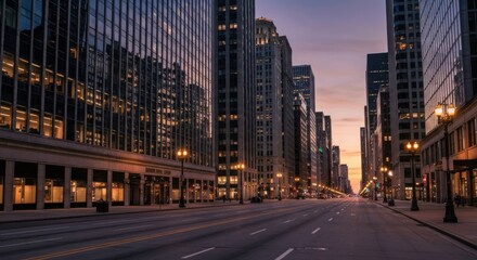 Fototapeta premium Urban cityscape at dusk, empty street flanked by tall buildings, illuminated by streetlights